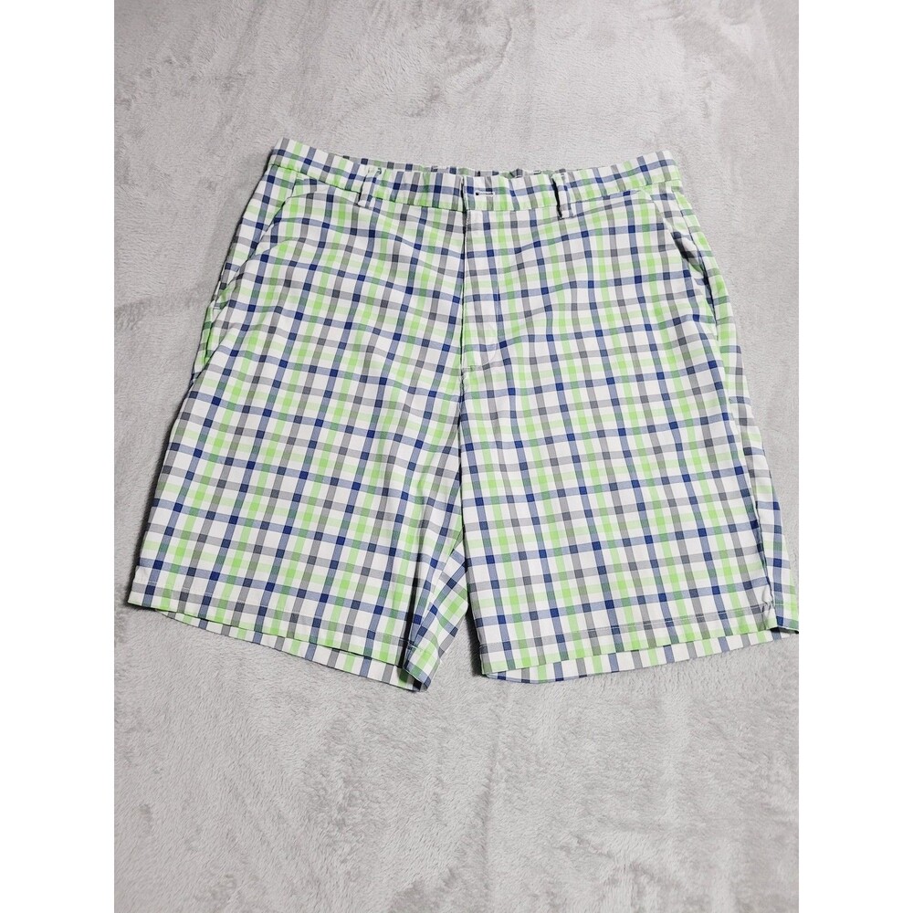 Chaps Golf Shorts Mens 36 Green Blue Plaid Stretch Flat Front Casual Golf